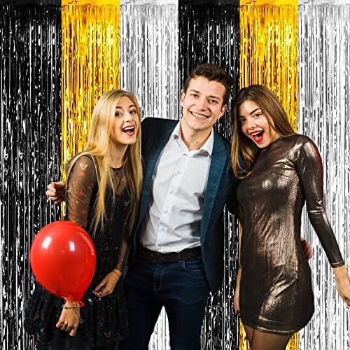 4 Pack Black Gold Silver Foil Fringe Curtain Backdrop, 3.28Ft x 8.2Ft Metallic Tinsel Foil Fringe Streamers for Photo Booth, Wedding, Notorious One Birthday Roaring 20s Graduation Party Decoration