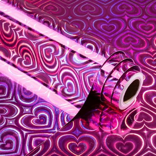 WRAPAHOLIC Heart Wrapping Paper Roll - Mini Roll - 17 Inch x 16.5 Feet - Hot Pink Heart Metallic Holographic Wrapping Paper for Valentines Day, Birthday, Wedding, Baby Shower, Bridal Shower