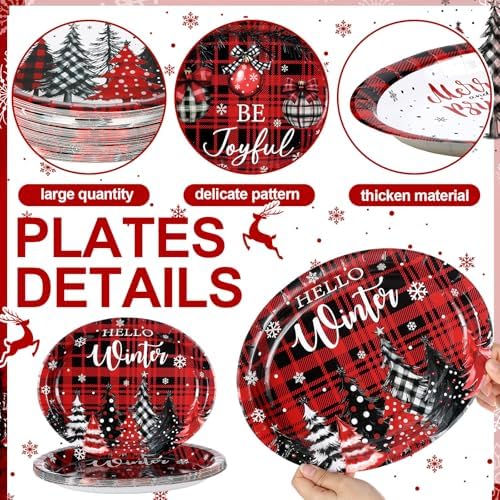 Fourluoo 96 Pcs Christmas Paper Plates Disposable 9 Inch Red and Black Buffalo Plaid Dessert Cake Dinner Plates Bulk for Xmas Holiday Party Favor Supplies