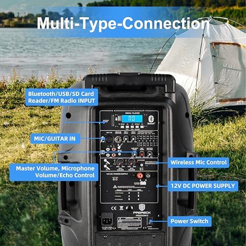 PRORECK Portable 12 Inch 1200W Powered PA/DJ Speaker System with Rechargeable Battery, 2 Wireless Mics, Bluetooth, USB, SD, FM Radio, Remote, Speaker Stand for Parties, Karaoke, speeches, Outdoor