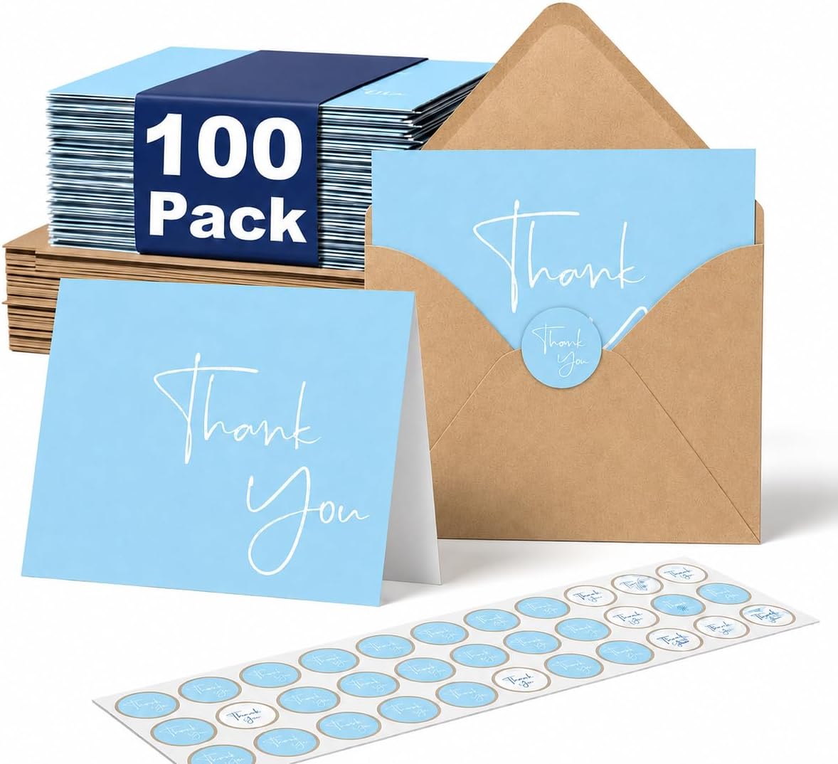 XXINMOH 100 Pack Thank You Cards With Envelopes Bulk Set & Stickers - 4x6 inch Blank Thank You Notes Bulk Box Set - Large Note Card Small Business, Wedding, Baby Shower & Bridal Shower - Light Blue