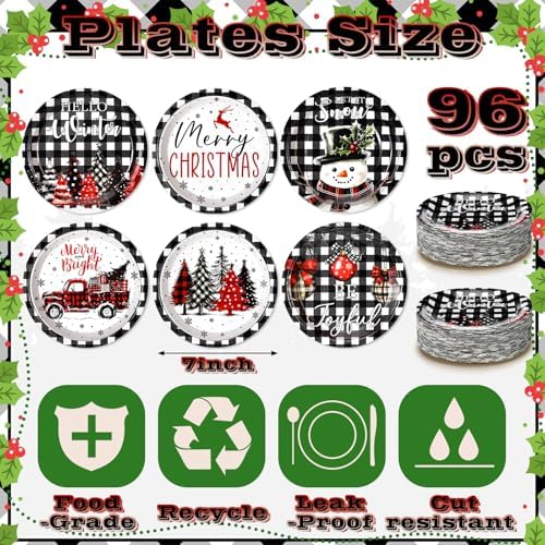 Fourluoo 96 Pcs Christmas Black White Buffalo Plaid Paper Plates Disposable Peppermint Dinner Plates for Xmas Birthday Party Table Decor