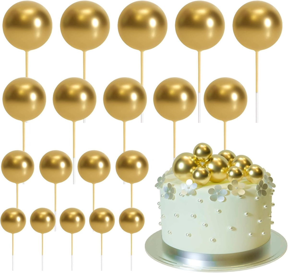 ASTARON 20 Pcs Gold Balls Cake Topper Decorations for Birthday Cake Decor