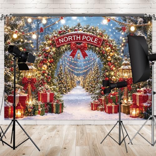 Christmas North Pole Photography Backdrop,Winter Aurora Borealis Snowy Forest Scene Background with Street Lamps,Xmas Party Decor Photo Booth Props(7x5ft)