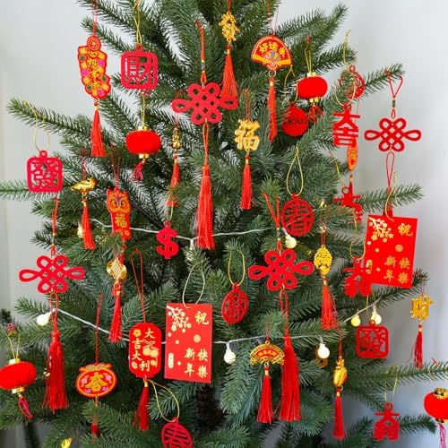 Winlyn 106 Pcs Chinese New Year Decorations Chinese Hanging Good Luck Ornaments Red Lanterns Festive Tree Ornaments Paper Fans for Asian Chinese Lunar New Year 2026 Year of The Horse Party Decor