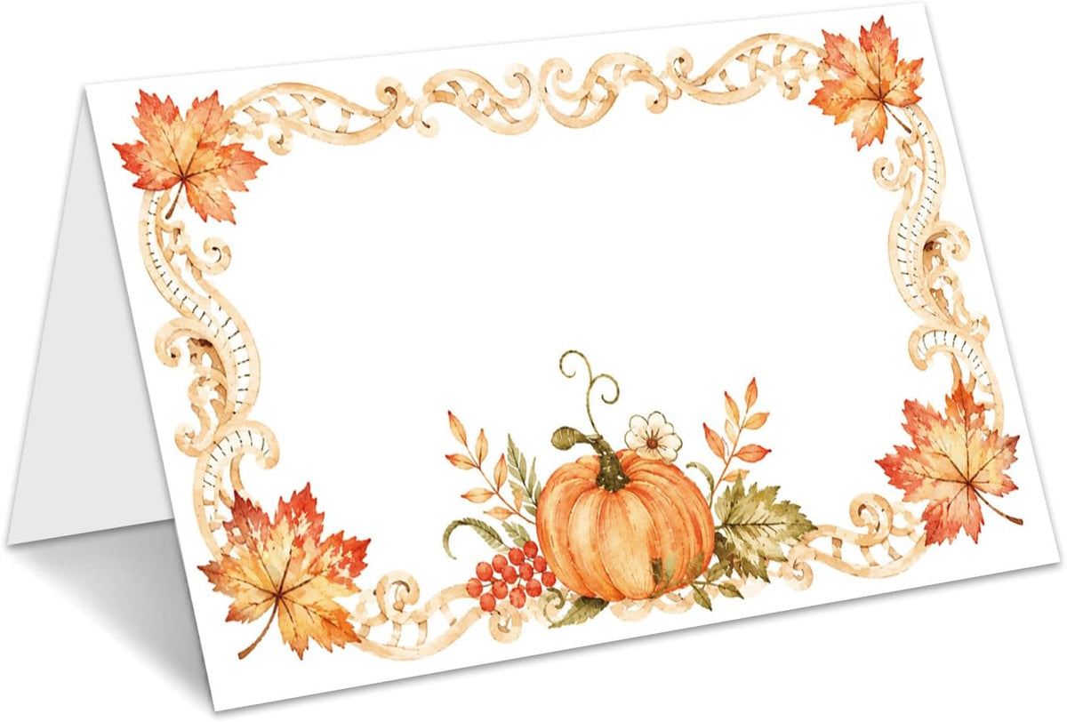 Pumpkin Place Cards for Table Setting, Tent Cards Decor For Birthday Baby Shower Thanksgiving Party Decorations, Bridal Shower Wedding Place Card, 25 Pack Birthday Food Name Card 2 x 3.5" /041