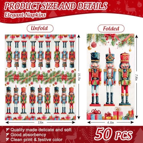 Whaline 50Pcs Christmas Guest Napkins Disposable Napkin Watercolor Nutcracker Pine Branch Dinner Hand Paper Napkins for Xmas Winter Holiday Party Tableware Supplies