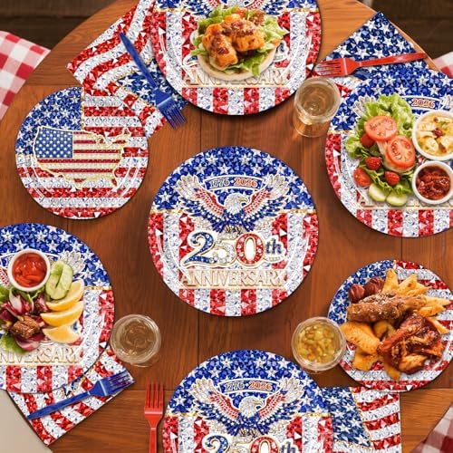 96 Pieces 250th Anniversary Plates and Napkins Patriotic Tableware Set, American Flag Disposable Paper Plates, Napkins, Forks for 4th of July Party Veterans Day Memorial Day Party Supplies- Serves 24