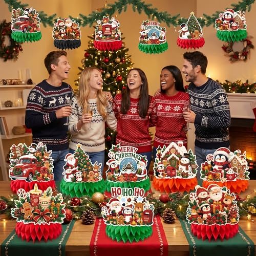 Christmas Decorations - 9 PCS Santa Snowman Reindeer Honeycomb for Christmas Table Decorations