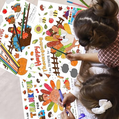 LINAYE 21PCS Thanksgiving Coloring Placemats, Thanksgiving Crafts Activities for Kids Paper Placemats Dinner Table Mats Disposable to Color for Kids