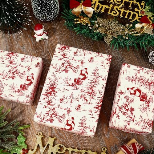 JarThenaAMCS 60 Sheets Toile Vintage Christmas Tissue Paper Red Xmas Tree Santa Claus Wrapping Paper for Winter Home Party DIY Crafts Supplies, 14 x 20 Inch