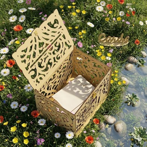 Jolik Rustic Wedding Card Box with Sign, Locking Gift Collection Money Holder for Wedding Reception & Party Decor, Gift Card & Envelope Storage, Anniversary & Birthday Party Decoration (Yellow)