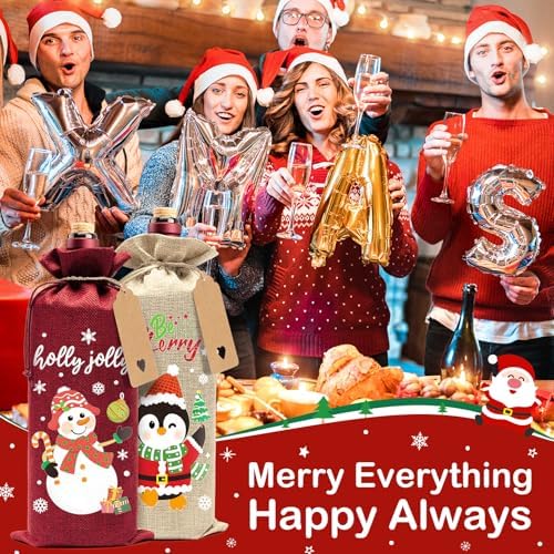 12Pcs Christmas Burlap Wine Bags, Drawstring Wine Gift Bags Bottles Covers