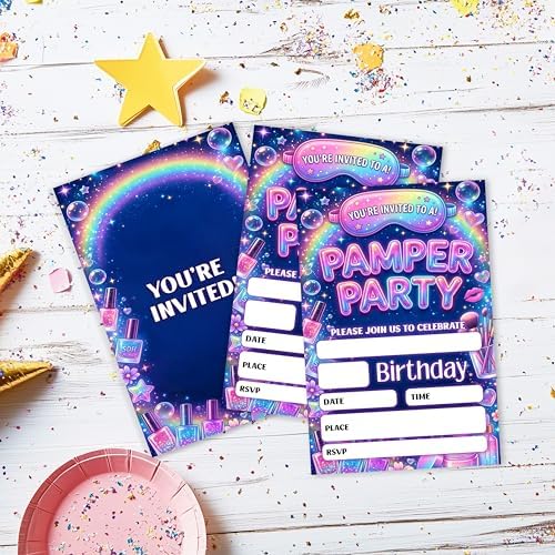 Pamper Birthday Invitation Girl, Pamper Spa Double-Sided Fill In Style Invites with Envelopes for Birthday, Glitz Glam Makeup Glow Party Invitation For Girls, Teens, Bday Party Favor & Decoration