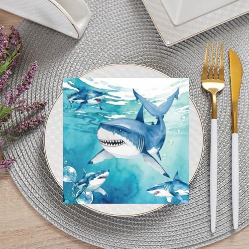 50 Pcs Shark Paper Napkins 6.5 x 6.5 Inches, Ocean Shark Theme Disposable Luncheon Dinner Party Napkins Cocktail Napkin for Under The Sea Party Decorations (Shark)