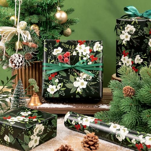 WRAPAHOLIC Christmas Wrapping Paper - Mini Roll - 17 Inch x 16.5 Feet - White Floral Wrapping Paper with Green Leaves and Red Berries for Xmas Holiday, Party Celebration