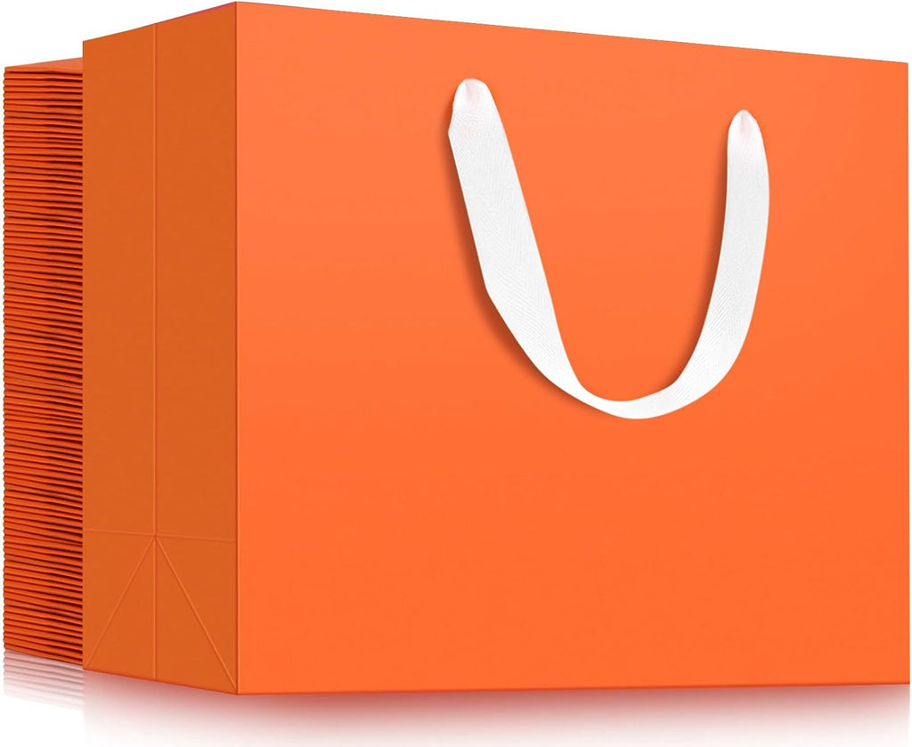 VieFantaisie 50 PCS Orange Party Favor Bags, 8" x 11" Goodie Bags for Candy Treat Craft Easter Egg, Plastic Gift Bag with Die Cut Handles for Birthday Party, School Events & Small Business, Wedding