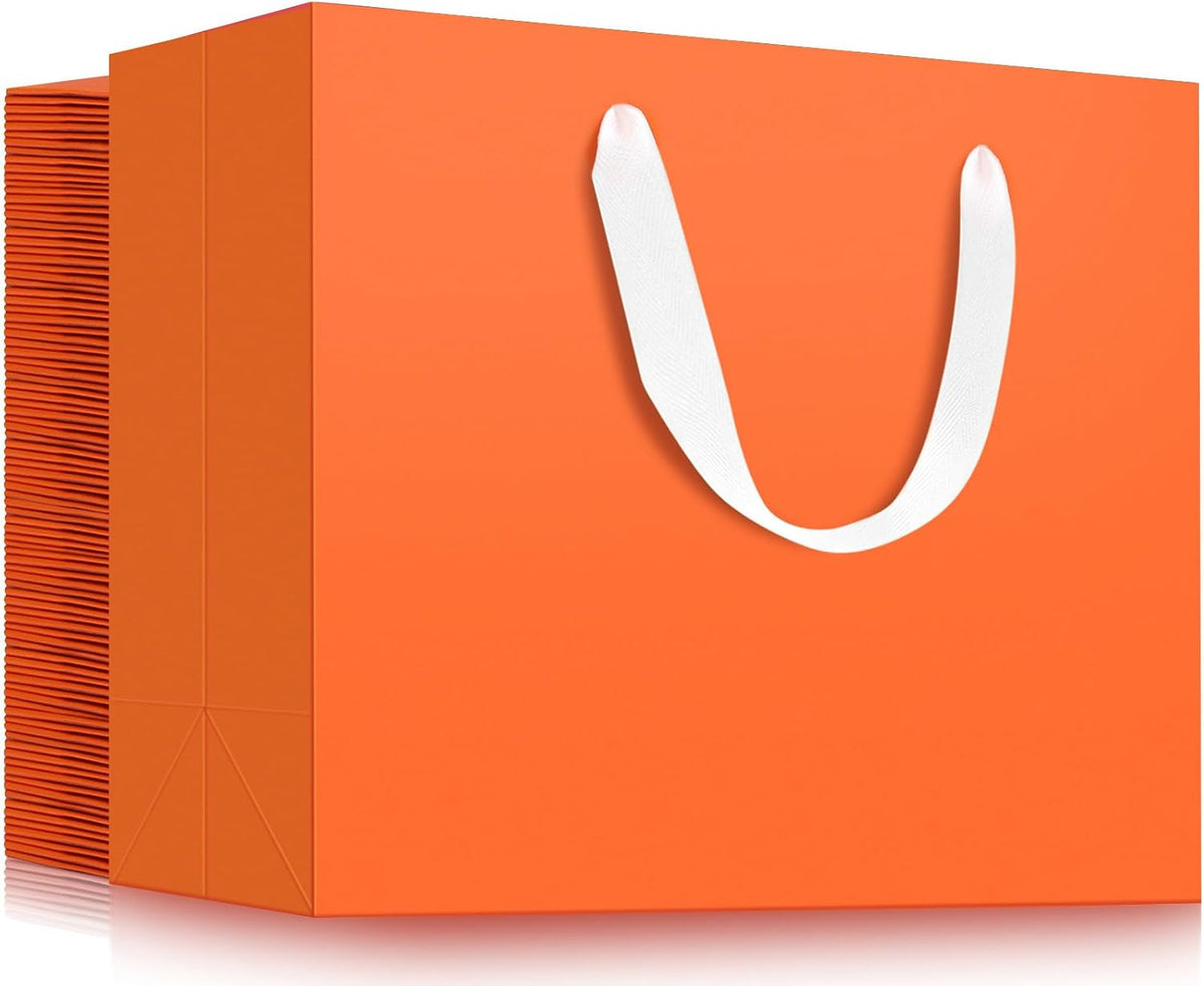 VieFantaisie 50 PCS Orange Party Favor Bags, 8" x 11" Goodie Bags for Candy Treat Craft Easter Egg, Plastic Gift Bag with Die Cut Handles for Birthday Party, School Events & Small Business, Wedding