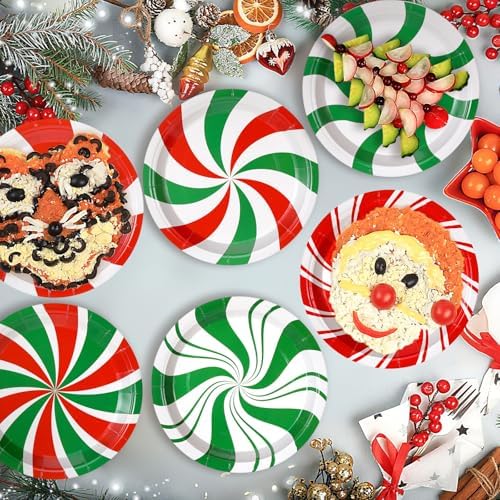 Fourluoo 96 Pcs Christmas Paper Plates Green and Red Candy Christmas Disposable Dinner Plates for Xmas Birthday Party Table Decor