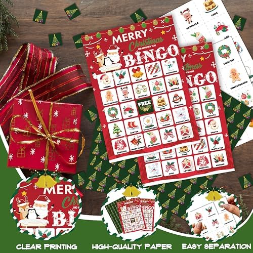 24-Person Christmas Bingo Cards, Watercolor Reindeer Xmas Party Card Game, Red Santa Claus Bingo Game for Family Large Group Activities, Winter Holiday Party Supplies