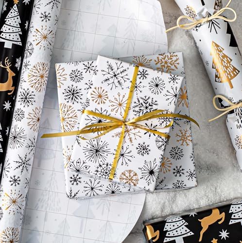 MAYPLUSS Christmas Gift Wrapping Paper Roll - 17 Inch X 33 Feet - Minimalistic Elegant Snowflake Flurry with Gold Design Winter Holiday Gift Wrap Sheet for Party, DIY Crafts & Festive Decoration