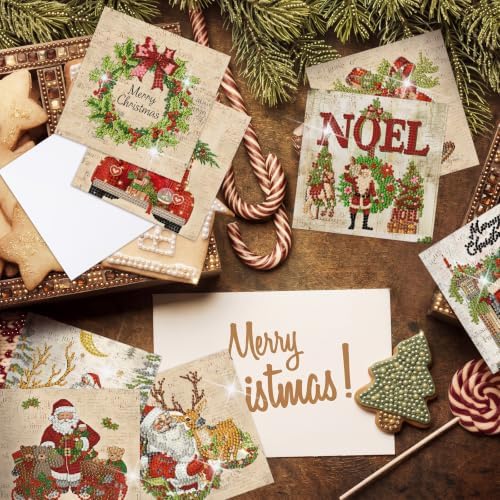 Saillong 12 Pack Vintage Christmas Diamond Painting Greeting Card Kits DIY Red Retro Christmas Diamond Art Cards with Envelopes Xmas 5D Rhinestones Painting kit for Adults DIY Craft Family Xmas Gifts