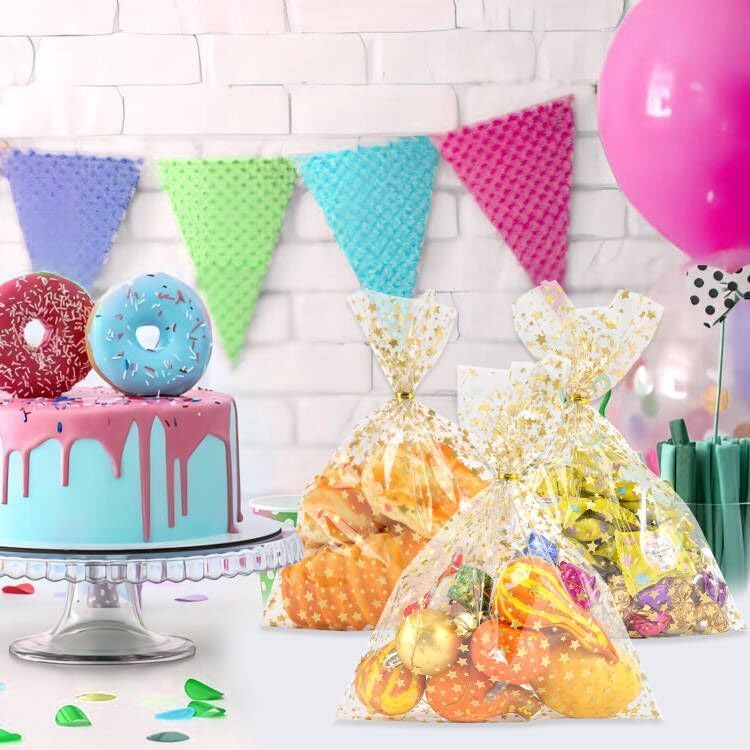COQOFA 11" X 14" Cello Cellophane Treat, Party Favor, Candy, Cookie and Goodie Plastic Storage Bags for Bakery, Birthday, Wedding, Party - 50 pcs Gold