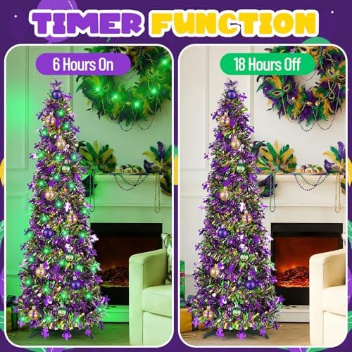 Vicenpal 14 Pcs 5 ft Mardi Gras Decoration Carnival Pop up Tree Kit Collapsible Tinsel Tree with 13 Pcs Mardi Gras Ball Ornaments Green String Lights Hanging for Home Indoor Outdoor Party Supplies