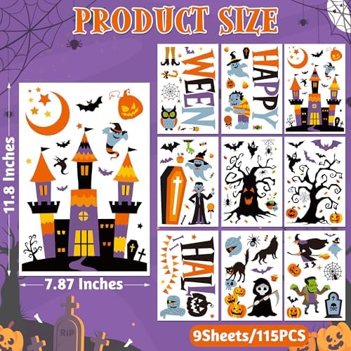 116PCS Halloween Window Clings, 9 Sheets Halloween Decorations, Cute Witch Tree Zombie Ghost Patterns PVC Window Stickers for Treat or Trick Party Favors Decal Supplies Decor Accessories