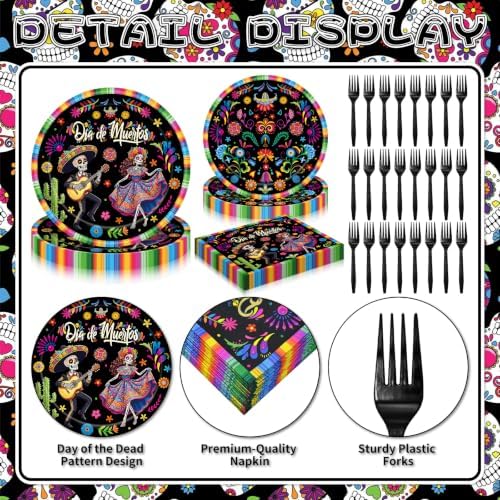 100 Pieces Día de Muertos Party Tableware Set – Disposable Sugar Skull Plates, Napkins and Black Forks for Day of the Dead Party, Mexican Fiesta, Halloween Celebration– Serves 25 Guests
