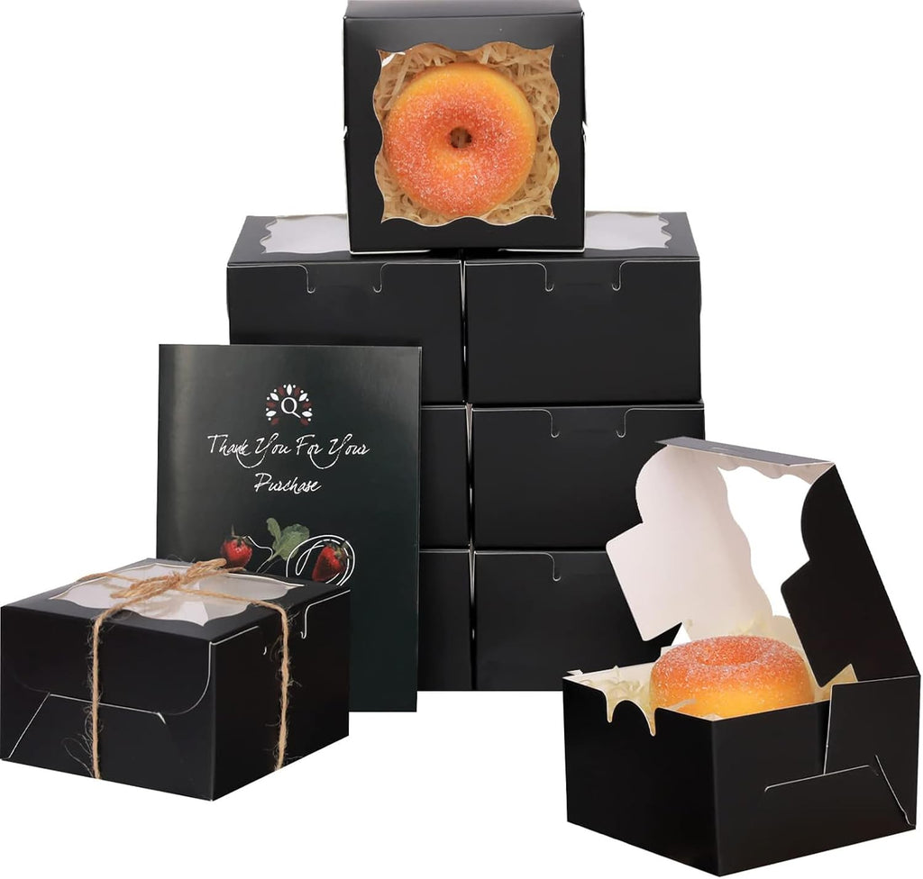 qiqee Black Bakery Boxes with Window 4*4*2.5inch/100Packs Mini Cookie Boxes Macaron boxes Small Donut Pastry Boxes for Party (5 Diferent Gift Include)