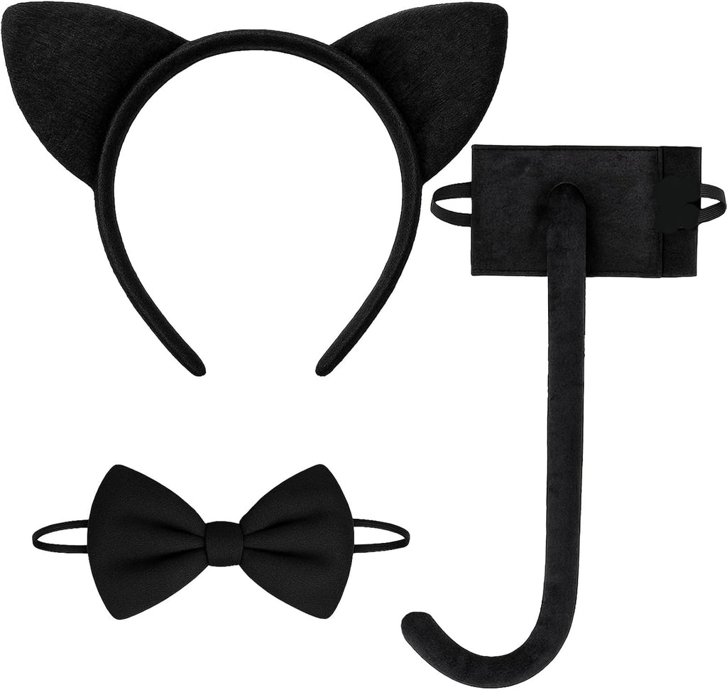 3 Pieces Black Cat Ears Headband Costume Accessories Set – Cat Ears Headwear, Tail, and Bow Tie for Halloween, Animal Cosplay, School Plays, and Dress-Up Parties for Kids and Adults