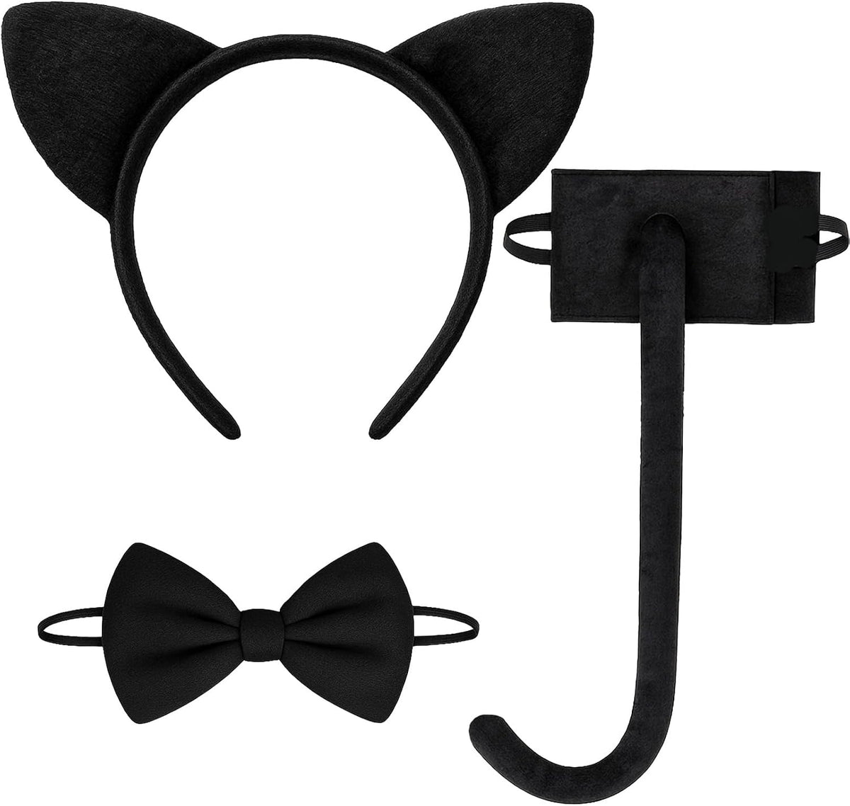3 Pieces Black Cat Ears Headband Costume Accessories Set – Cat Ears Headwear, Tail, and Bow Tie for Halloween, Animal Cosplay, School Plays, and Dress-Up Parties for Kids and Adults