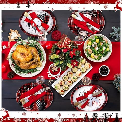 Fourluoo 96 Pcs Christmas Paper Plates Disposable 9 Inch Red and Black Buffalo Plaid Dessert Cake Dinner Plates Bulk for Xmas Holiday Party Favor Supplies