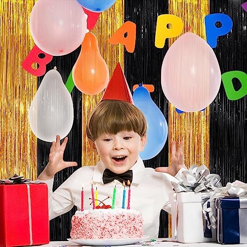 Black Gold Tinsel Backdrop Foil Fringe Curtains, 4 Pack Party Decor
