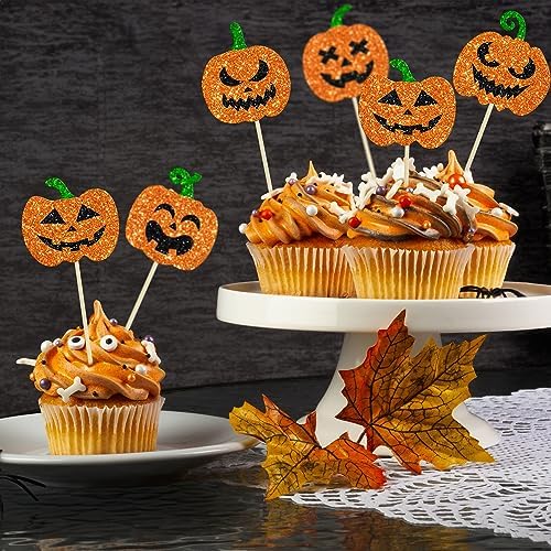 Gyufise 30Pcs Halloween Pumpkin Cupcake Toppers Glitter Jack-O-Lantern Halloween Cupcake Picks for Kids Birthday Festival Party Cake Decorations Supplies