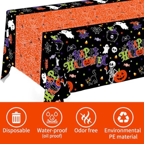 2 Pack Halloween Tablecloth, 54 x 108 Inch Disposable Plastic Table Cover, Orange Halloween Party Decorations for Halloween Decor