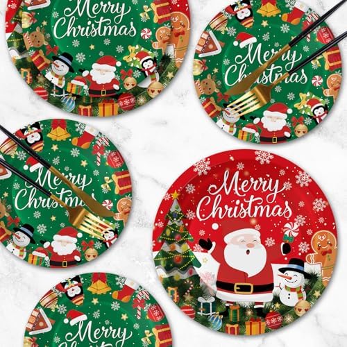 24 Pcs Merry Christmas Paper Plates - Cute Round Christmas Plates, Santa Claus Snowmen Dinner Dessert Plate Disposable Dinnerware Set for Winter Holiday Xmas Party Table Decorations Supplies Favors
