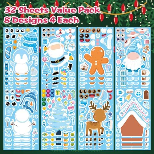 32 Sheets Make Your Own Christmas Stickers, Winter Stickers for Kids