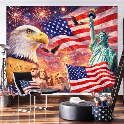 BlissYard 4th of July Backdrop Independence Day Patriotic Decorations American Flag Bald Eagle Statue of Liberty 8x6ft Veterans Day Memorial Day Patriotic Party Banner Photo Booth Background
