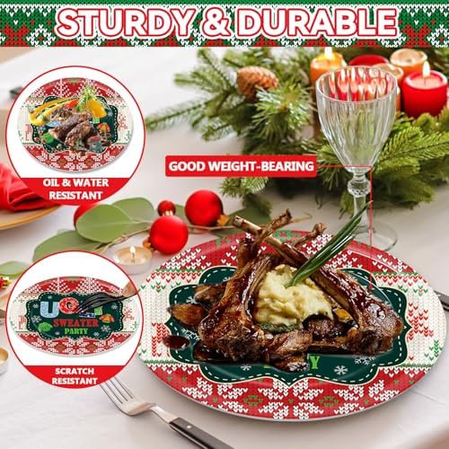 50PCS Christmas Ugly Sweaters Oval Paper Plates Merry Christmas Plates Tableware Decor Large 11inch Disposable Xmas Oval Paper Platter Decor for Xmas Holiday Party Winter Home Dinner Supplies