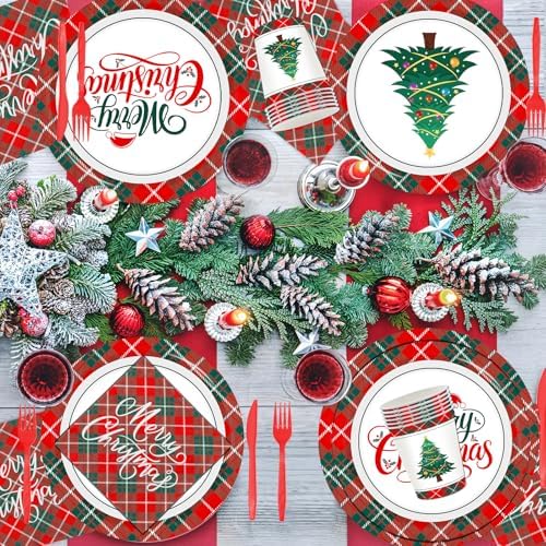 Christmas Plates and Napkins Party Decoration Serve 24, Red Green Merry Christmas Tree Buffalo Plaid Tableware Disposable Paper Plates,Napkins,Cups,Forks,Knives for Xmas Holiday Supplies Decor