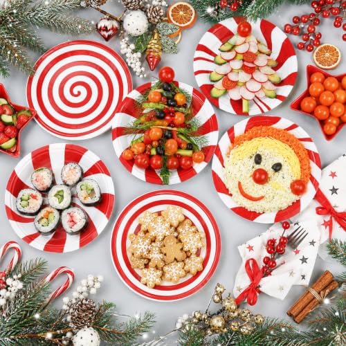 Fourluoo 96 Pcs Christmas Candy Paper Plates 7 Inch Christmas Disposable Peppermint Dinner Plates for Xmas Birthday Party Table Decoration Supplies