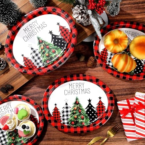 50Pcs Christmas Buffalo Plaid Tree Oval Plates 11 Inch Red and Black Checkered Party Supplies Merry Christmas Disposable Dinnerware Plates Xmas Serving Tray for Winter Holiday Party Decorations