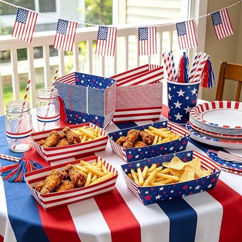 50 Pcs Patriotic Party Snack Trays, Disposable American Flag Paper Serving Boats, Red White and Blue Food Trays for July 4th, Memorial Day & USA Themed Events – 2 Designs