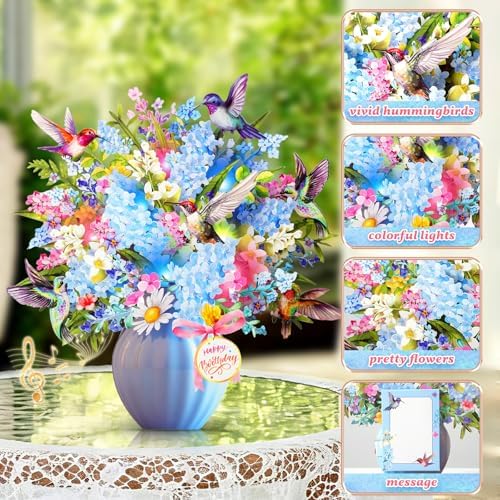 APOTODITO Birthday Card, Hummingbird Birthday Card with Music and Lights, Flower Bouquet Card for Women Mom Wife