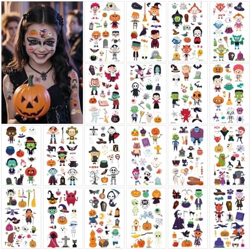 Halloween Temporary Tattoo for Kids - 260+ Unique Halloween Trick or Treat Tattoos Stickers for Boys and Girls Holiday Party Supplies Favors Halloween Goodie Bag Fillers 20 Sheets