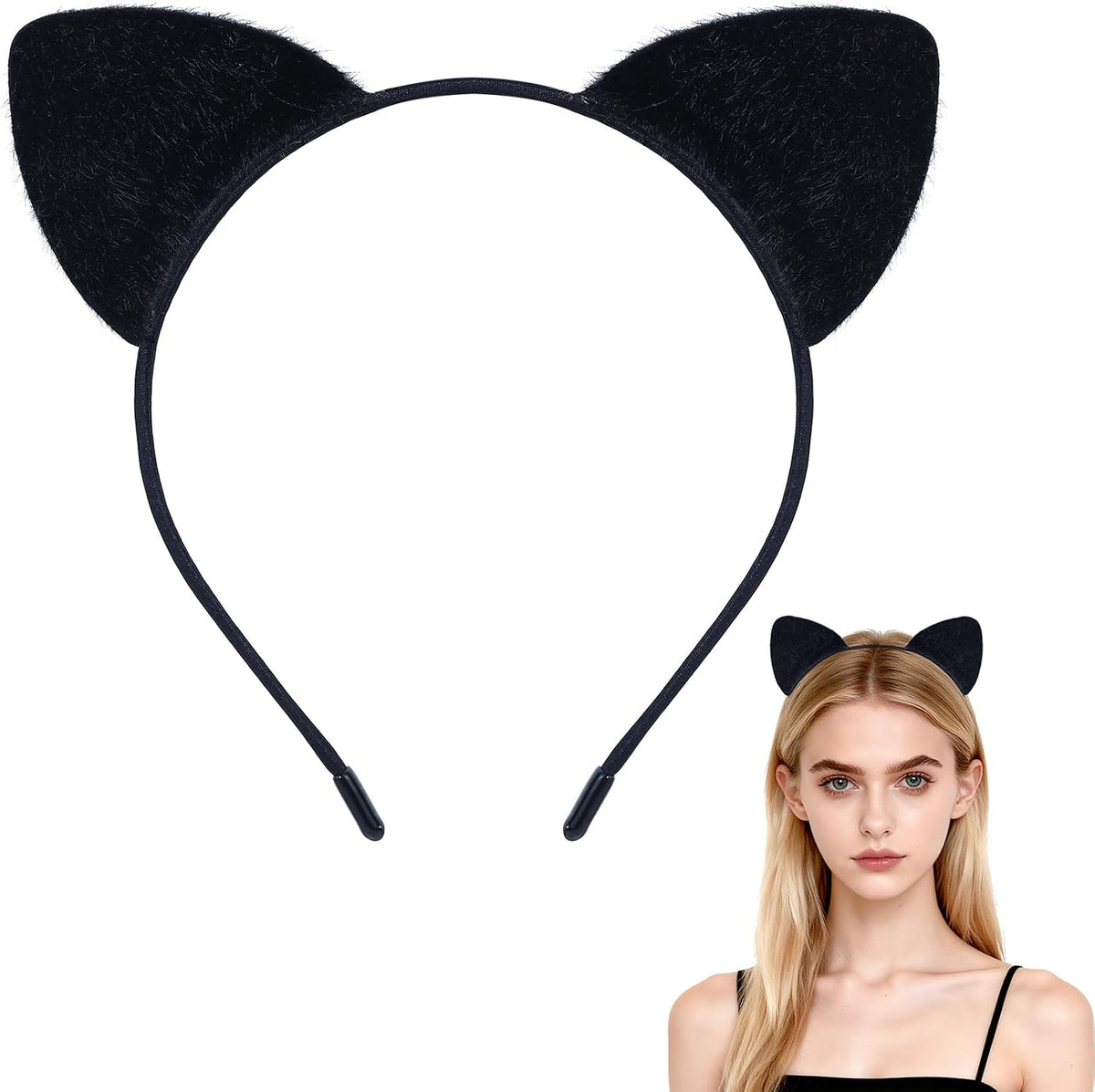 Furry Cat Ears Headband Women, Black Kitty Ear Cat Accessories for Halloween Cat Woman Costume Outfit