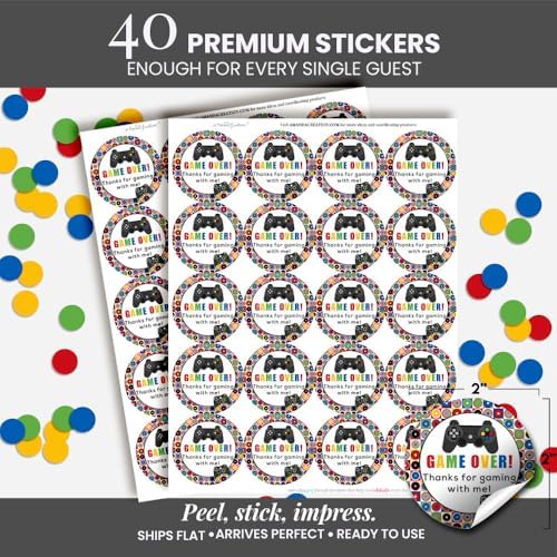 Video Game Thank You Stickers, 40 Pack 2-Inch Game Over Gamer Labels for Birthday Party Favors, Goodie Bags & Envelope Seals, Made in USA by Amanda Creation