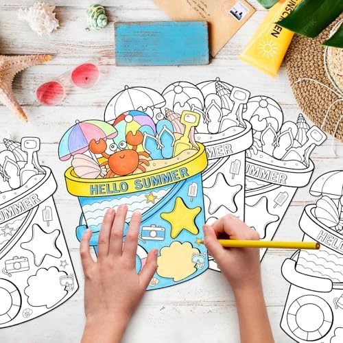 Sereliy 24 Pcs Summer Coloring Wreath Crafts, Color Your Own Bucket Crafts, DIY Paper Wreath for Summer Home Activities Games. (Bucket)